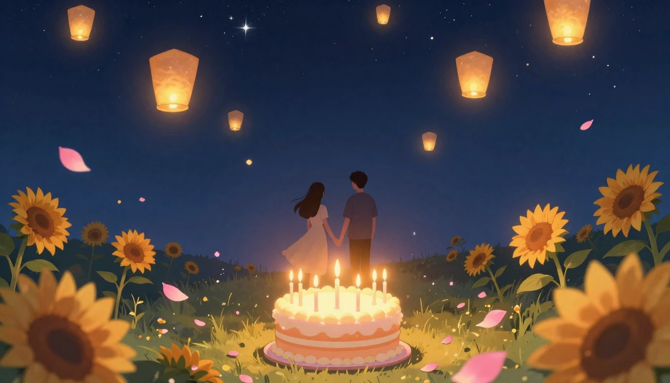 A romantic and dreamy illustration featuring two silhouettes...