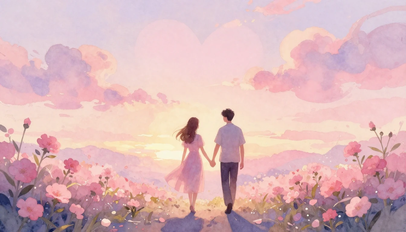 A soft and romantic watercolor painting depicting two silhou...