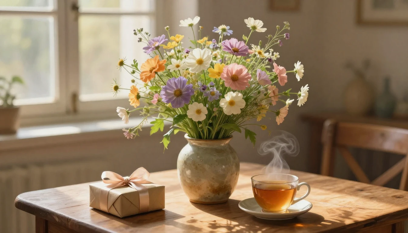 A beautiful and delicate bouquet of wildflowers in a rustic ...