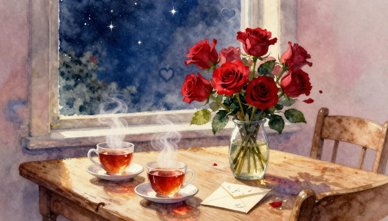 A soft and romantic watercolor painting depicting a cozy, in...