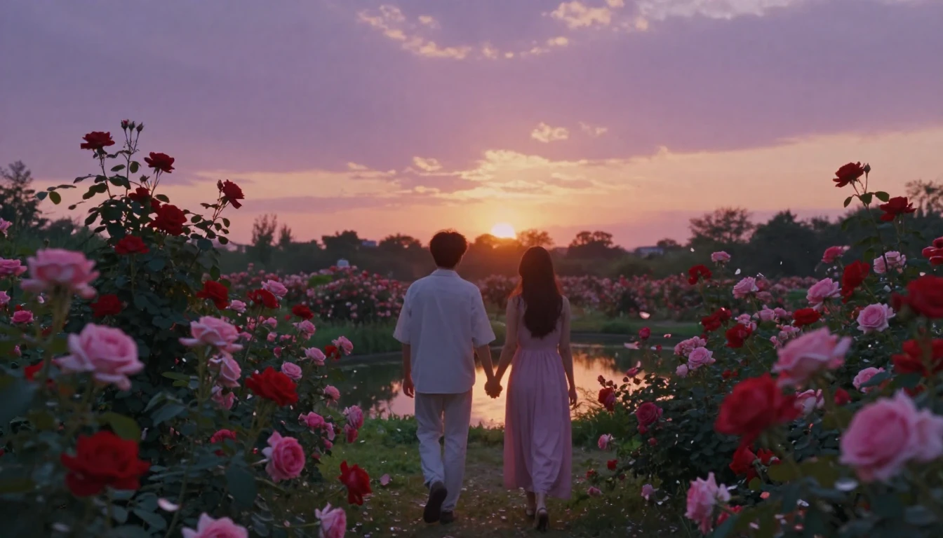 A dreamy and romantic scene of two figures walking hand-in-h...