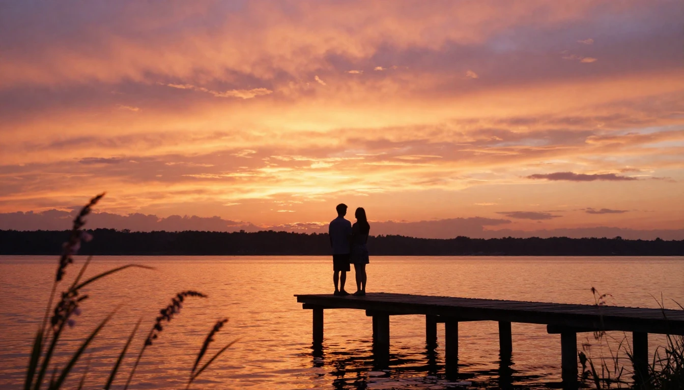 A highly detailed romantic scene featuring a silhouette of a...