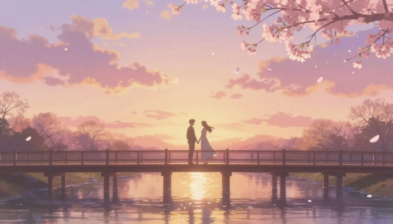 An ethereal and romantic scene of two lovers' silhouettes st...