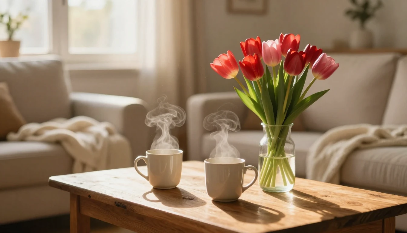 A cozy and intimate indoor scene in a warm living room. On a...