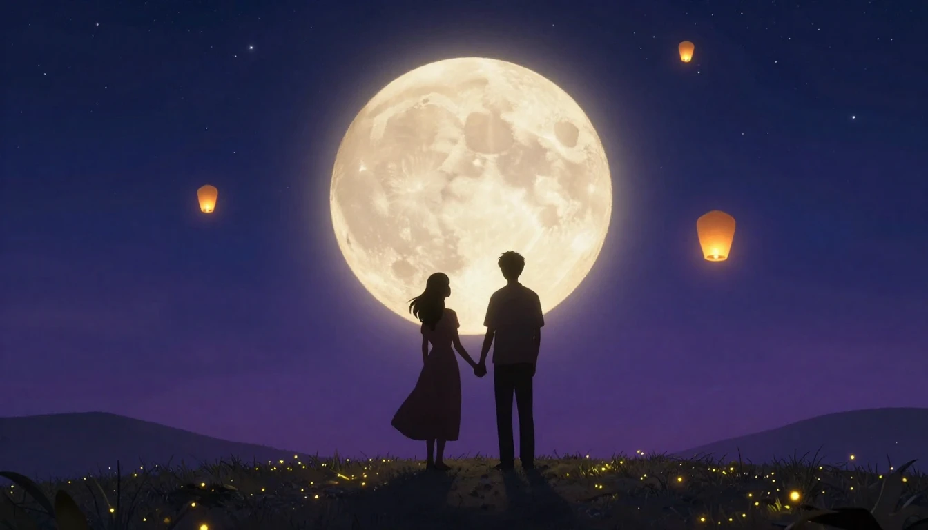A romantic and dreamy scene depicting a silhouette of a coup...