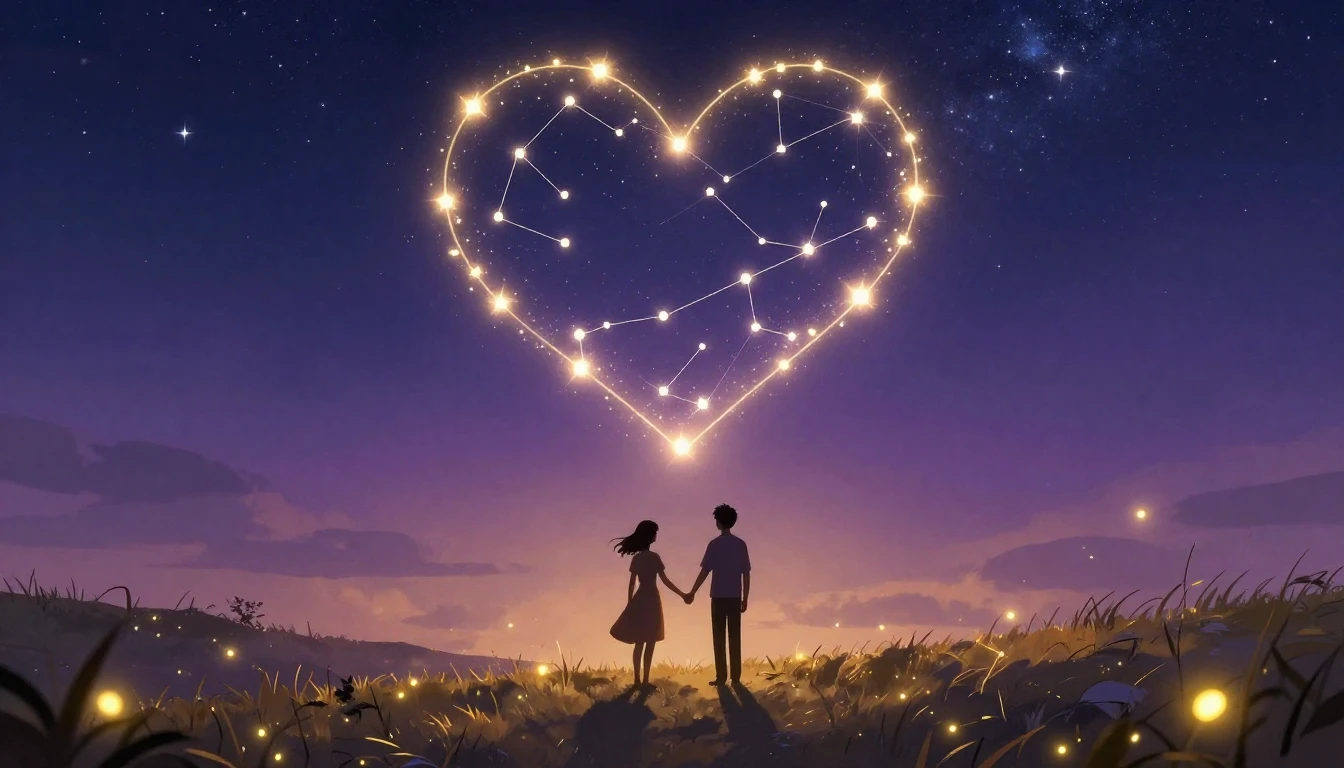A warm and romantic illustration featuring two silhouetted f...
