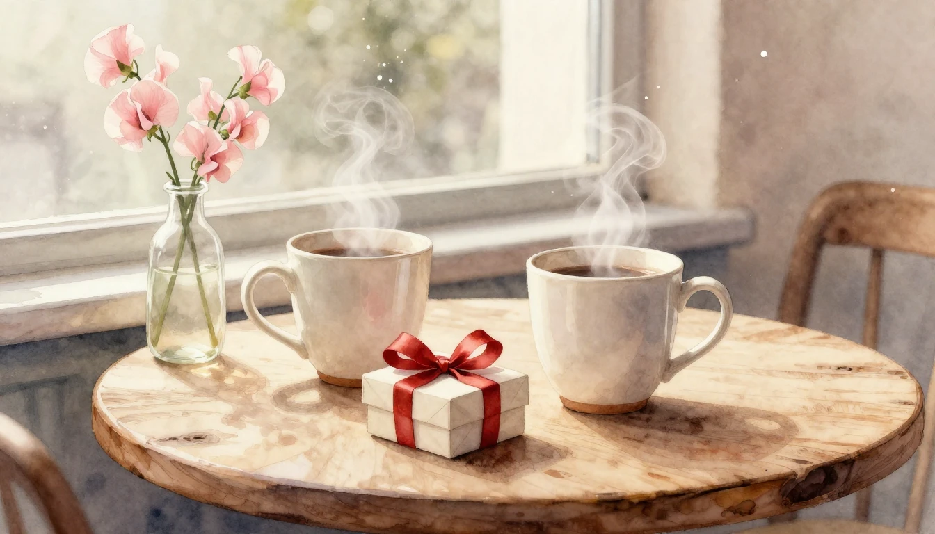 A delicate and romantic watercolor painting of a cozy cafe s...