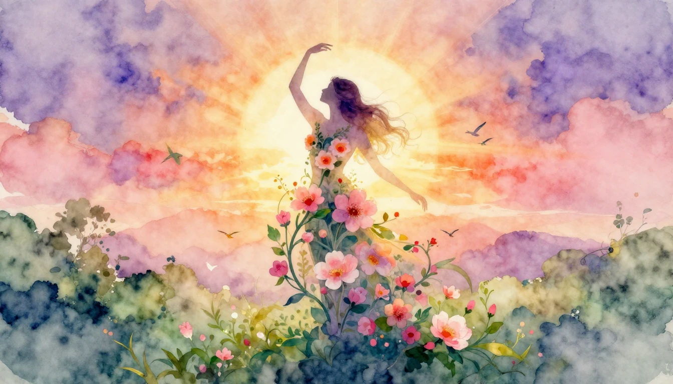 A beautiful and ethereal watercolor painting symbolizing fem...