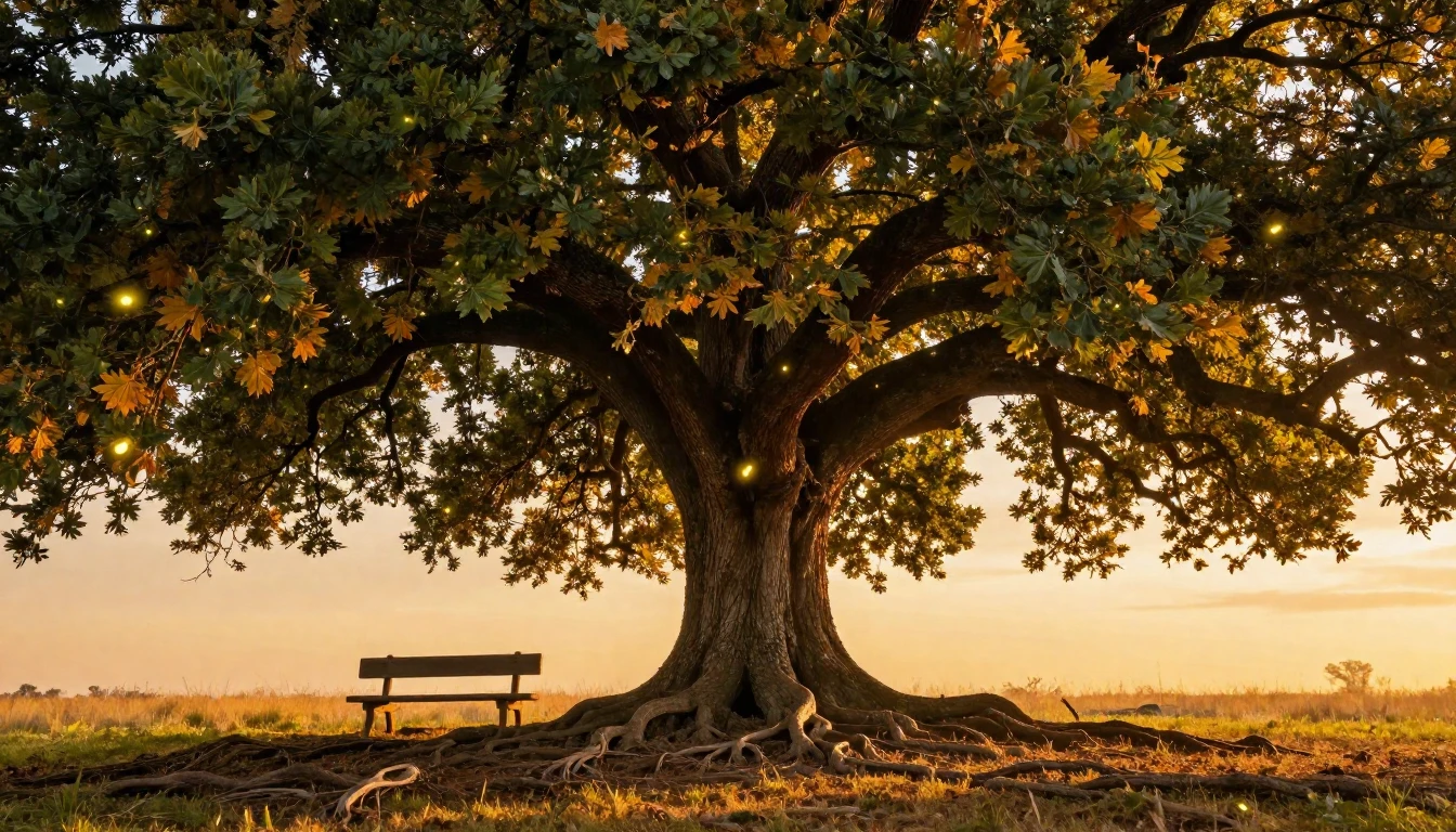 A beautiful, serene landscape featuring a grand, majestic oa...