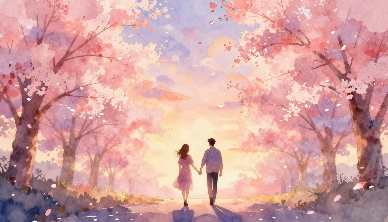 A soft and dreamy watercolor painting depicting two silhouet...