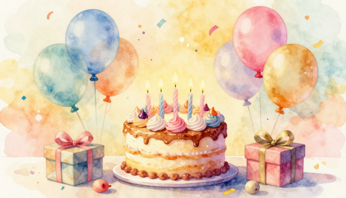 A vibrant and festive watercolor painting celebrating a birt...