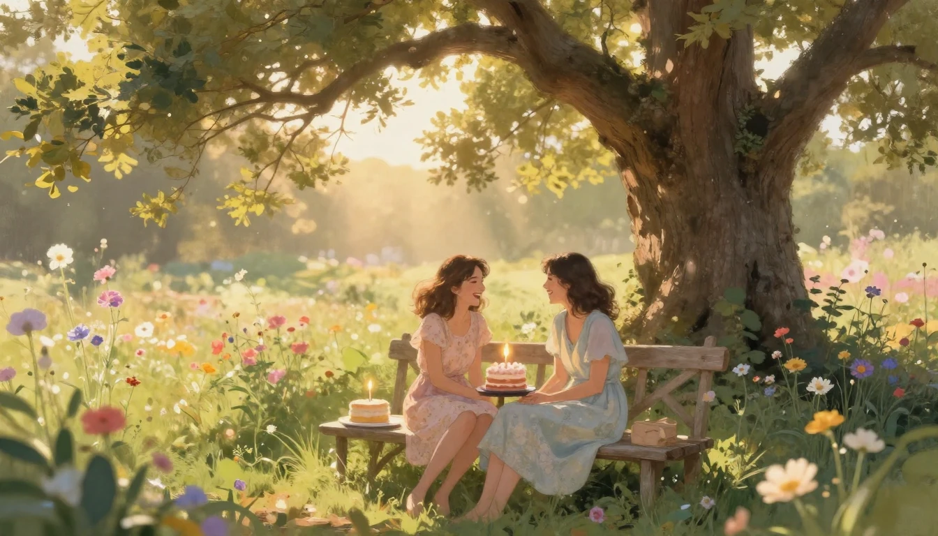 A warm and cozy outdoor scene in a sun-drenched blooming gar...