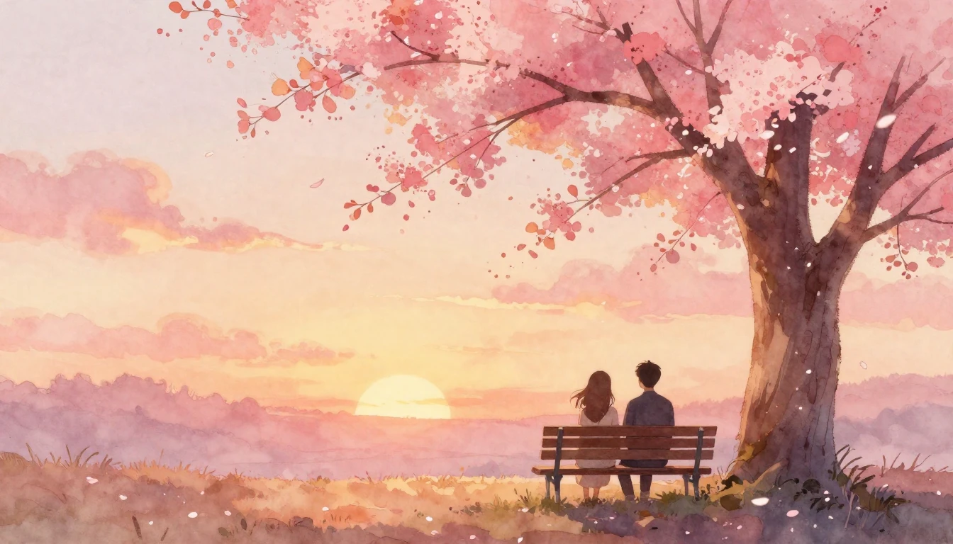 A romantic watercolor painting depicting a serene landscape ...