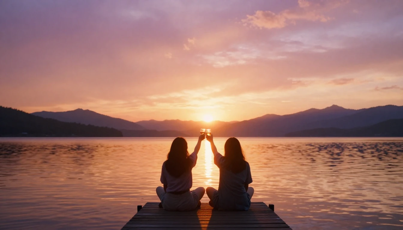 A breathtaking cinematic scene of two best friends sitting o...