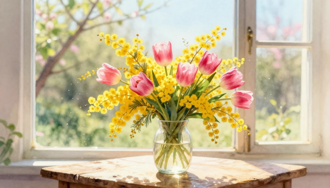 A beautiful watercolor painting of a lush spring bouquet fea...