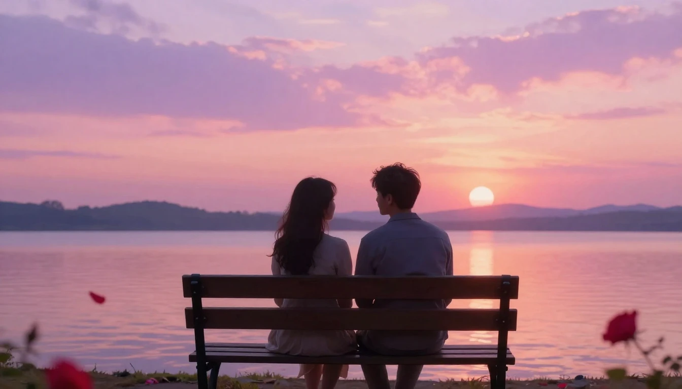 A romantic and dreamy scene featuring two silhouettes sittin...