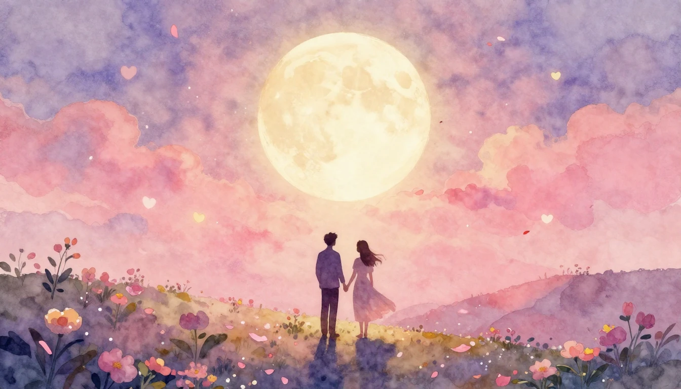 A soft and romantic watercolor painting depicting a magical ...