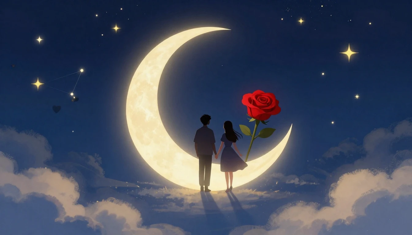 A romantic and dreamy illustration featuring two silhouette ...