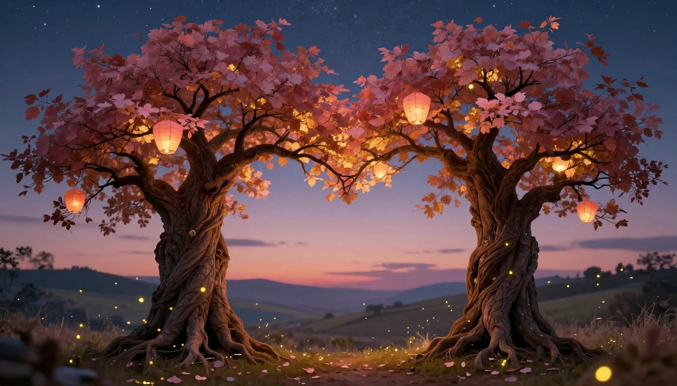 A whimsical and romantic scene featuring two ancient trees w...