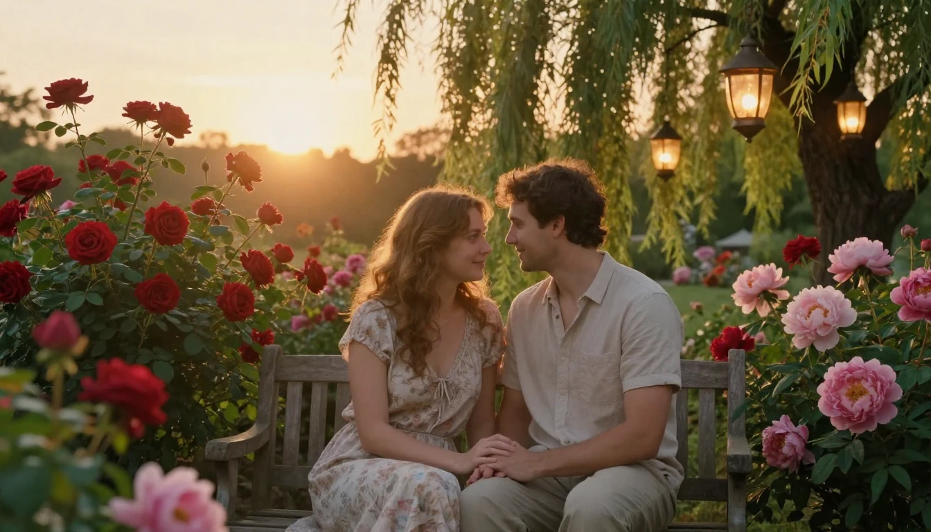 An intimate and romantic scene of a couple sitting closely t...