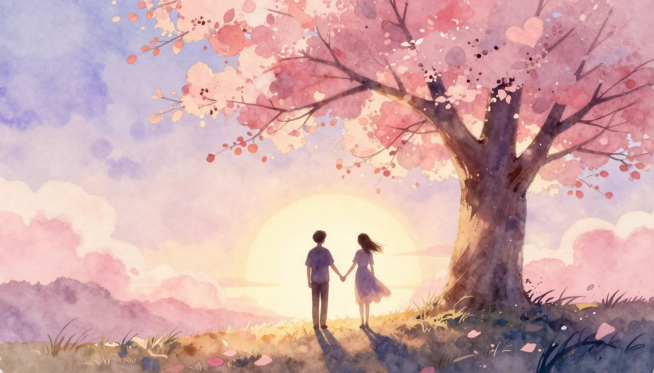 A romantic and ethereal watercolor painting depicting two si...