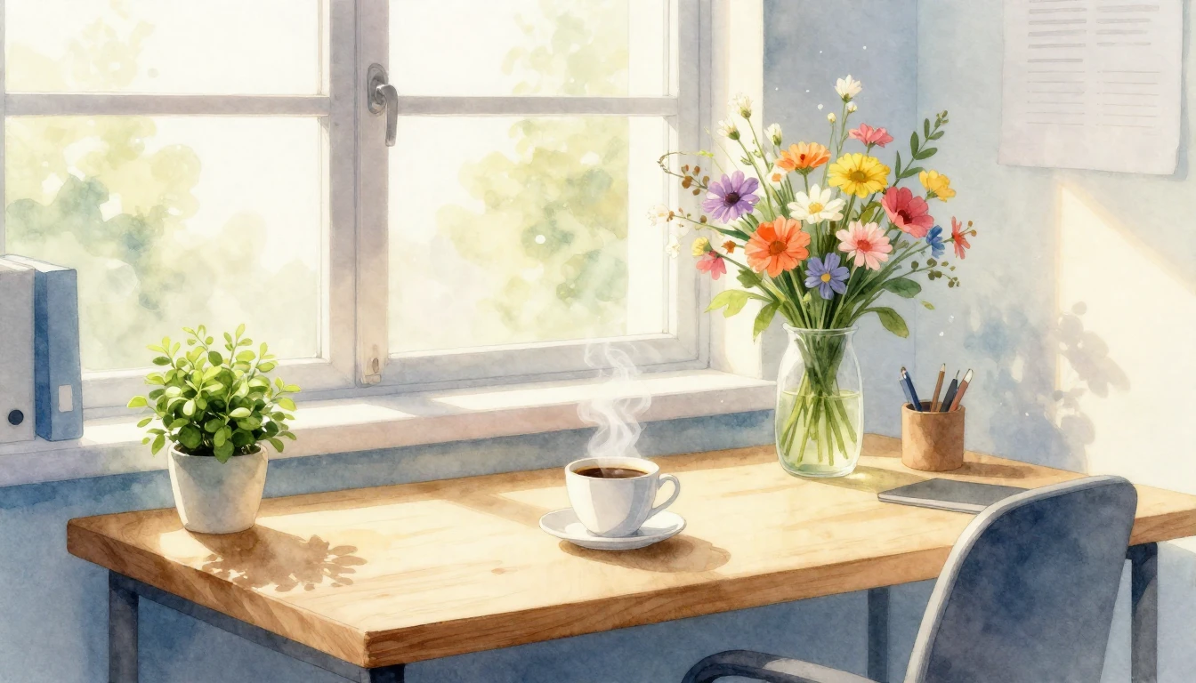 A bright and cozy office workspace depicted in a delicate wa...