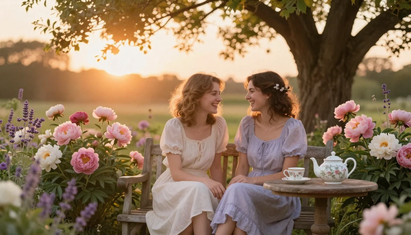 A cozy and warm garden scene during a soft sunset. Two femal...