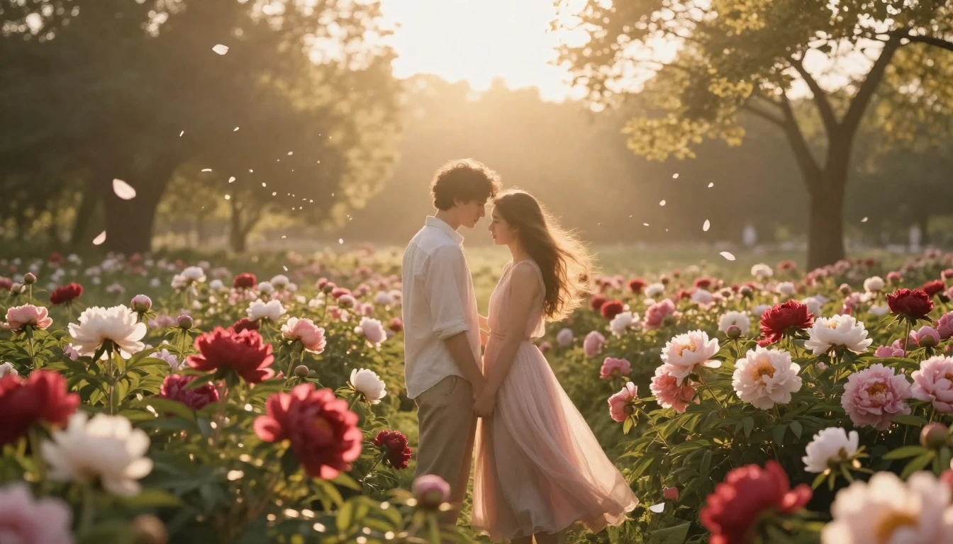 A romantic and ethereal scene of two lovers standing in a lu...
