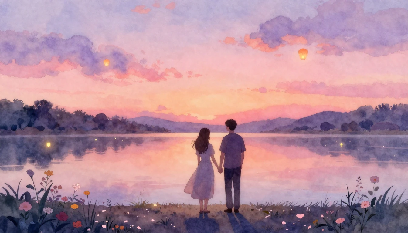 A soft, dreamy watercolor painting depicting a silhouette of...