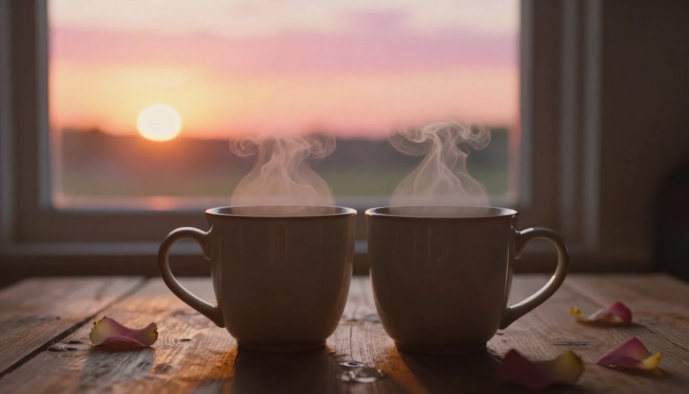 A warm and cozy romantic scene featuring two steaming cerami...