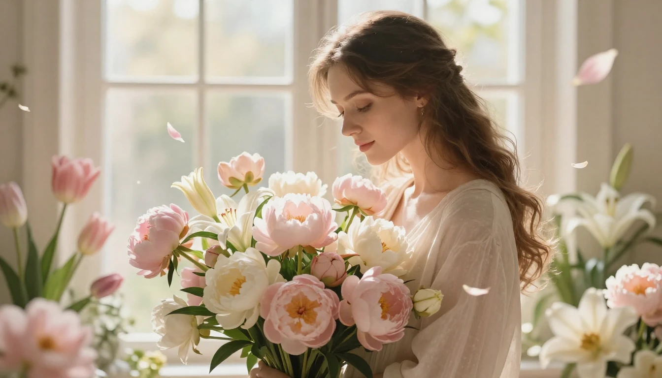 A heartwarming and ethereal scene of a motherly figure surro...