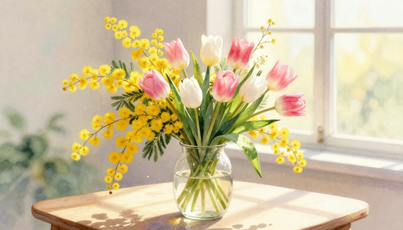 A delicate and vibrant watercolor painting of a lush spring ...