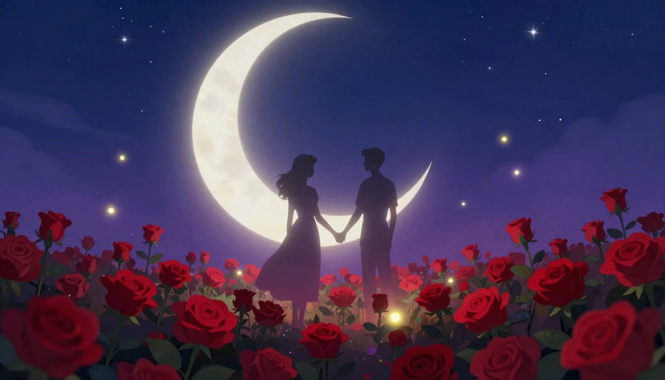 A romantic and whimsical illustration featuring two glowing ...