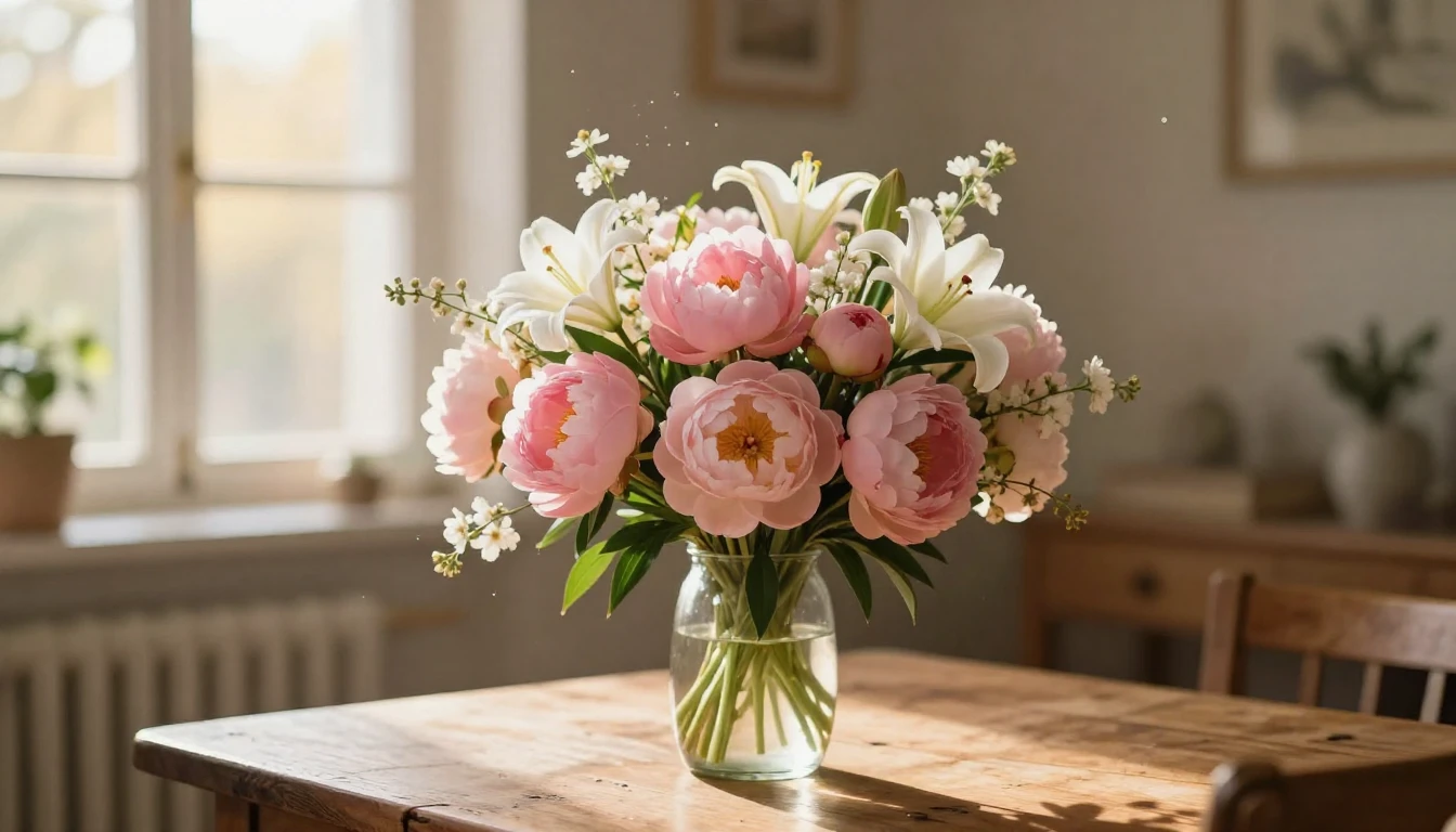 A heartwarming and serene scene featuring a lush bouquet of ...