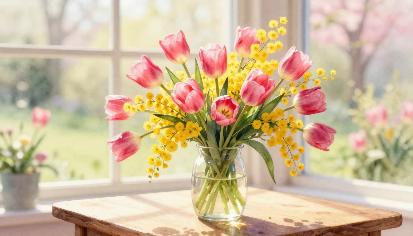 A delicate watercolor painting of a lush bouquet featuring b...