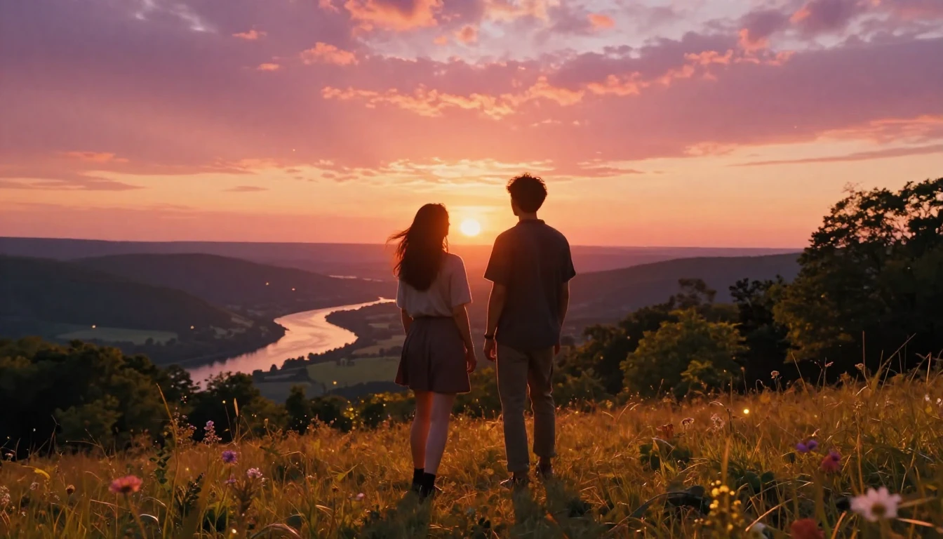 A heartwarming scene depicting two silhouettes of friends st...