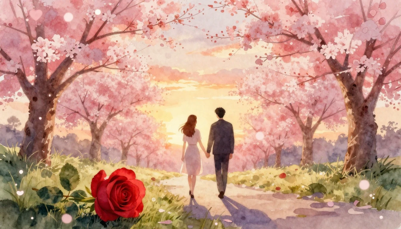 A romantic and dreamy watercolor painting depicting a couple...