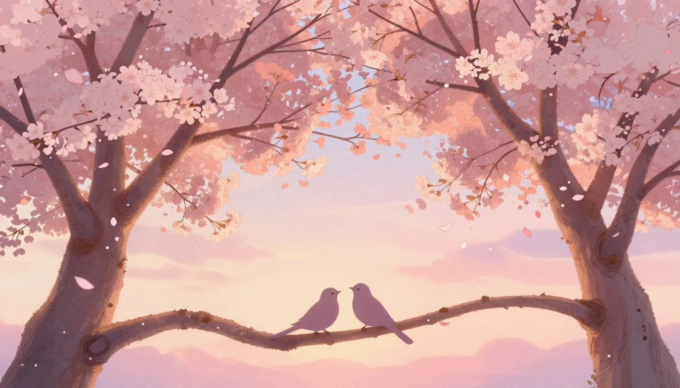 A soft and romantic composition depicting two graceful cherr...