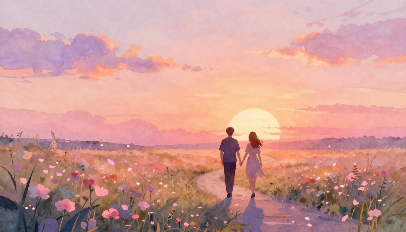 A soft, dreamy watercolor painting depicting two silhouettes...