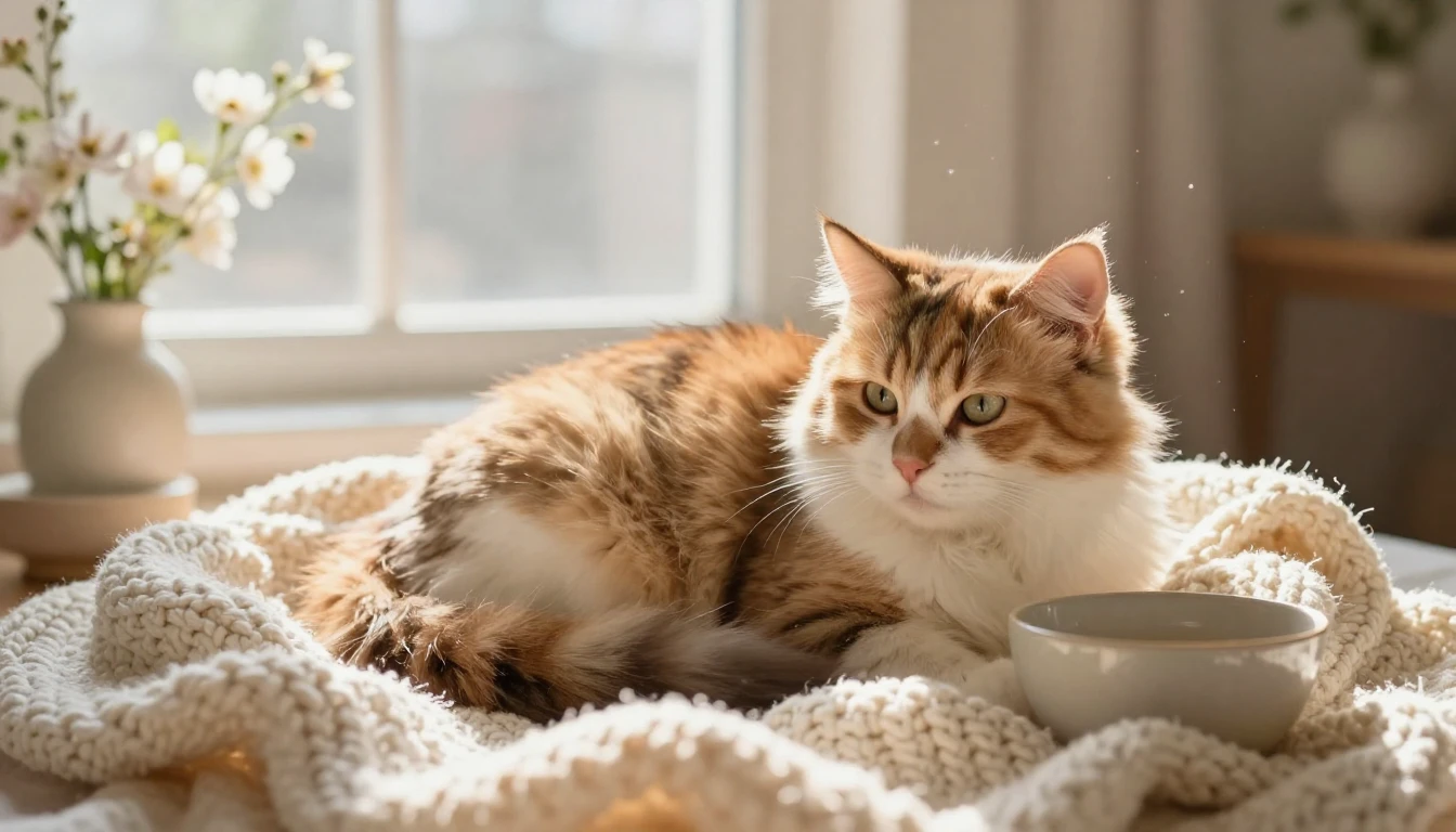 A cozy and heartwarming scene featuring a fluffy calico cat ...