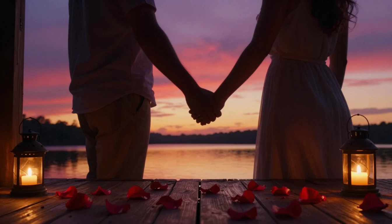 A romantic and intimate scene of two silhouettes holding han...
