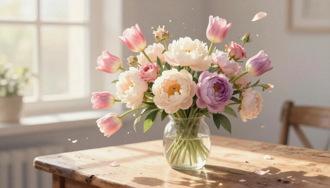 A soft and romantic watercolor painting depicting a lush bou...