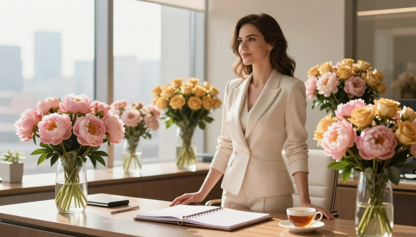 An elegant and sophisticated woman standing in a modern, sun...