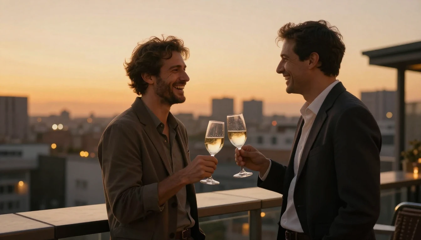 A warm and cinematic scene of two adult male friends standin...