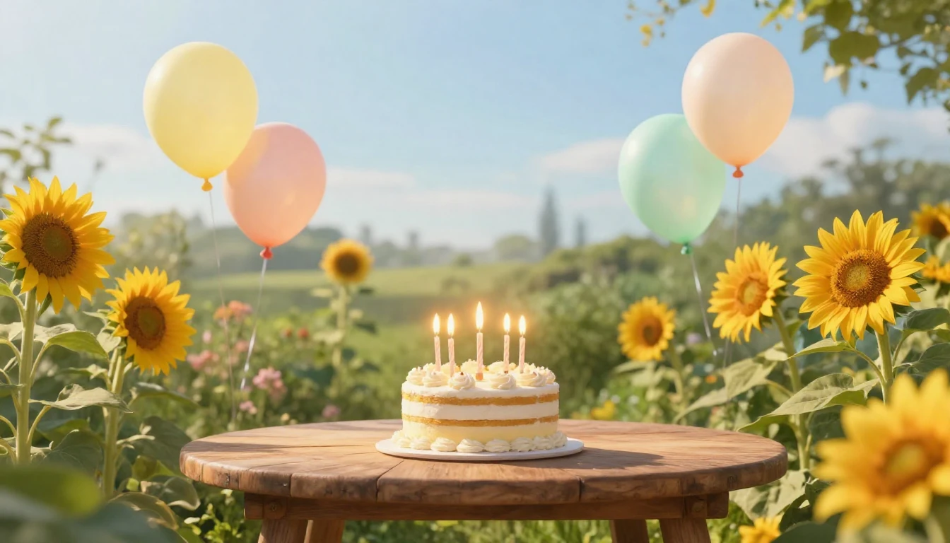 A whimsical and heartwarming birthday scene set in a sun-dre...