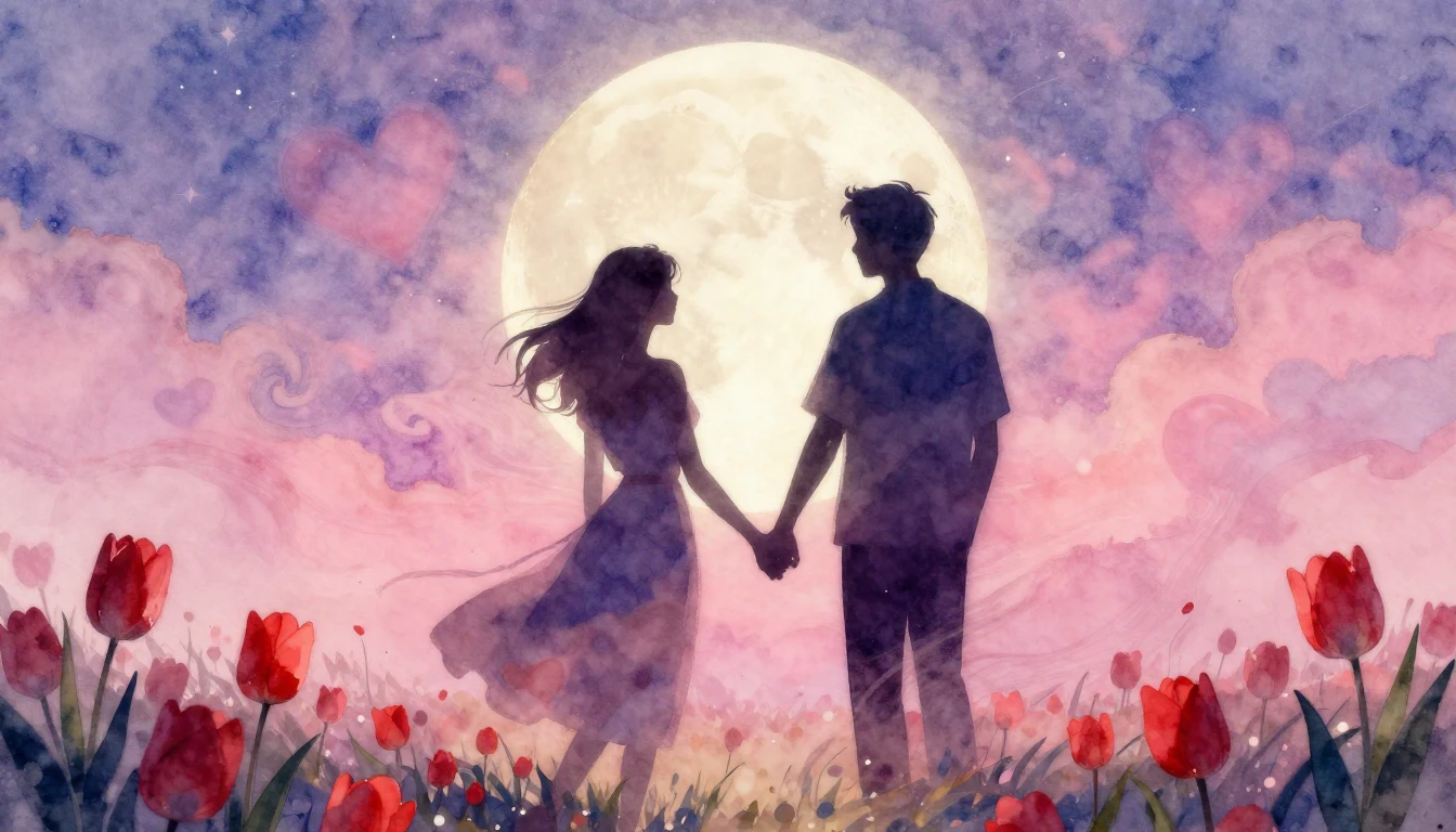A soft and dreamy watercolor painting depicting two silhouet...