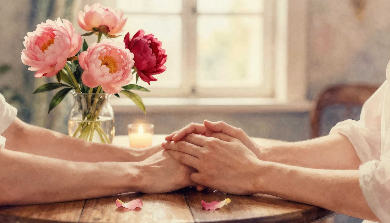 A romantic and intimate scene in a soft watercolor style. Tw...