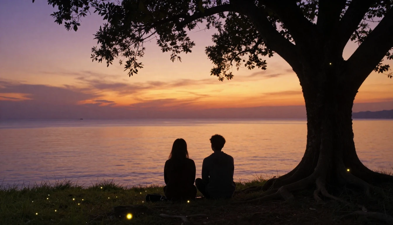 Two silhouetted figures sitting side by side on a grassy hil...