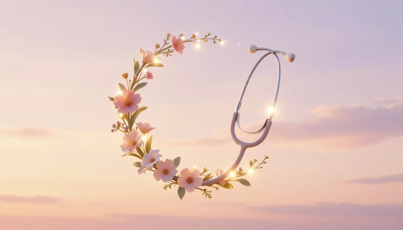 A glowing, ethereal stethoscope intertwined with blooming vi...