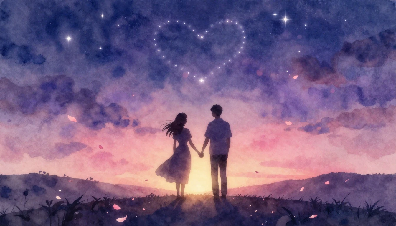 A dreamy and romantic watercolor painting depicting two soft...